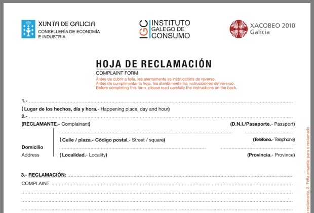 Complaint form for a service o purchase to student of Spanish courses in Spain.